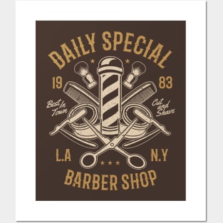 Daily Special Retro Barbershop Pole L.A. N.Y. Cut And Shave Scissors And Razors Posters and Art